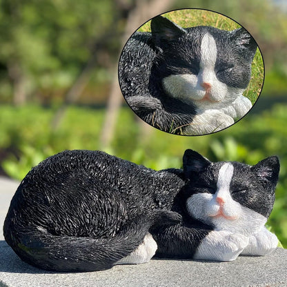 Cat Statue Outdoor Cat Figurines Garden Decor, Black Tabby Statue Figurine Decor Sculpture for