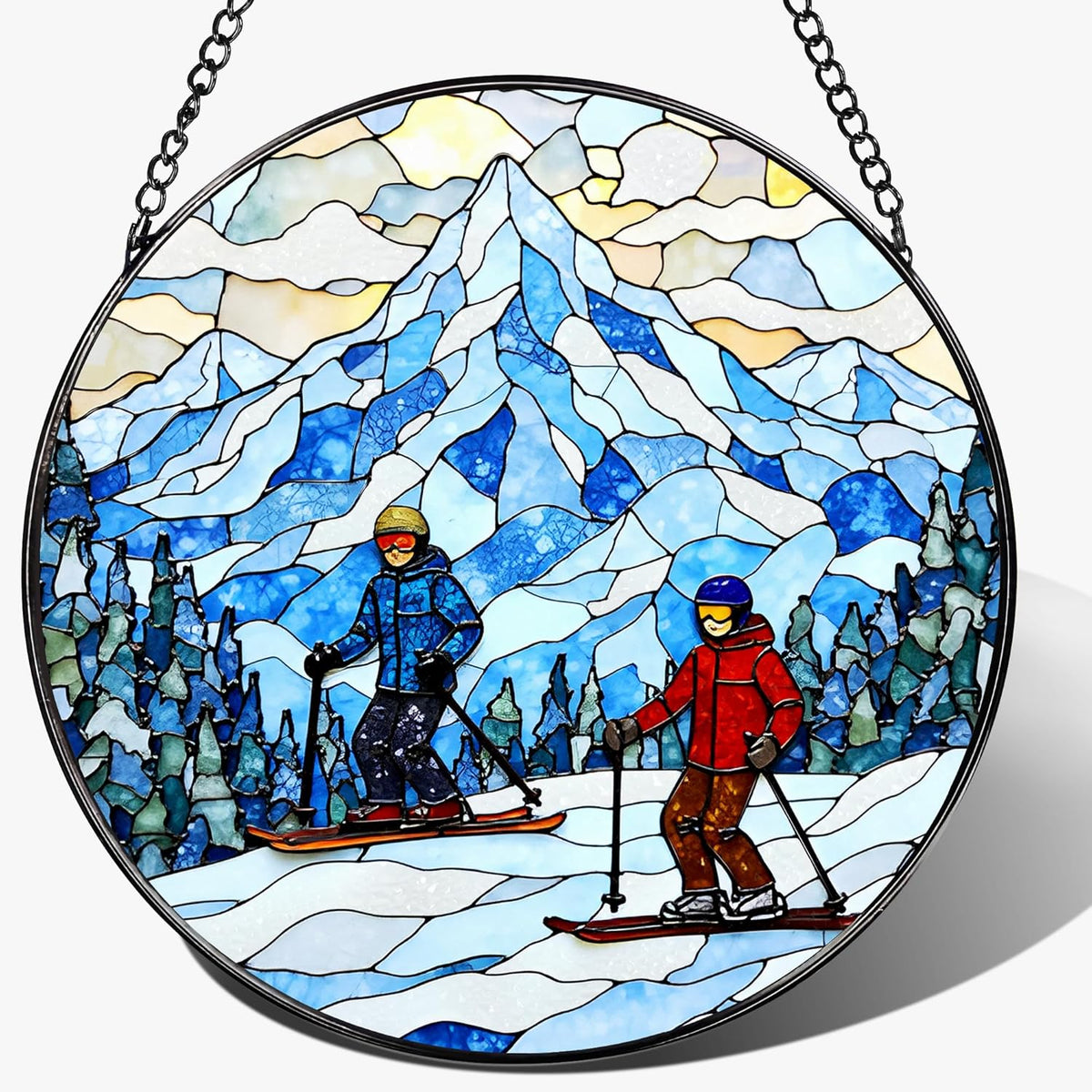 8'' Snowy Mountain Skiers Sun Catcher Ornament, Stained Glass Window Hanging, Sun Catchers for