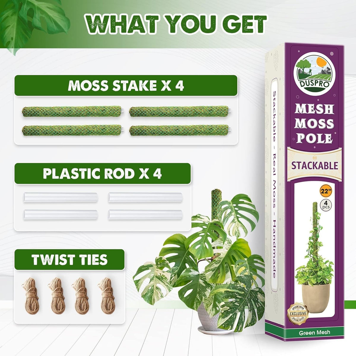 Duspro Green Stackable Mesh Moss Pole for Climbing Vines, Supporting Monstera Trellis, Extendable