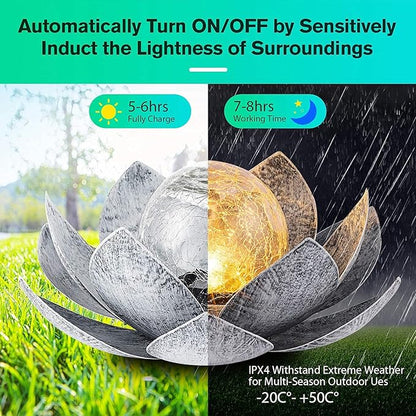 Huaxu Solar Lights Outdoor Garden, Crackle Globe Glass Lotus Decor, Waterproof LED Metal Flower