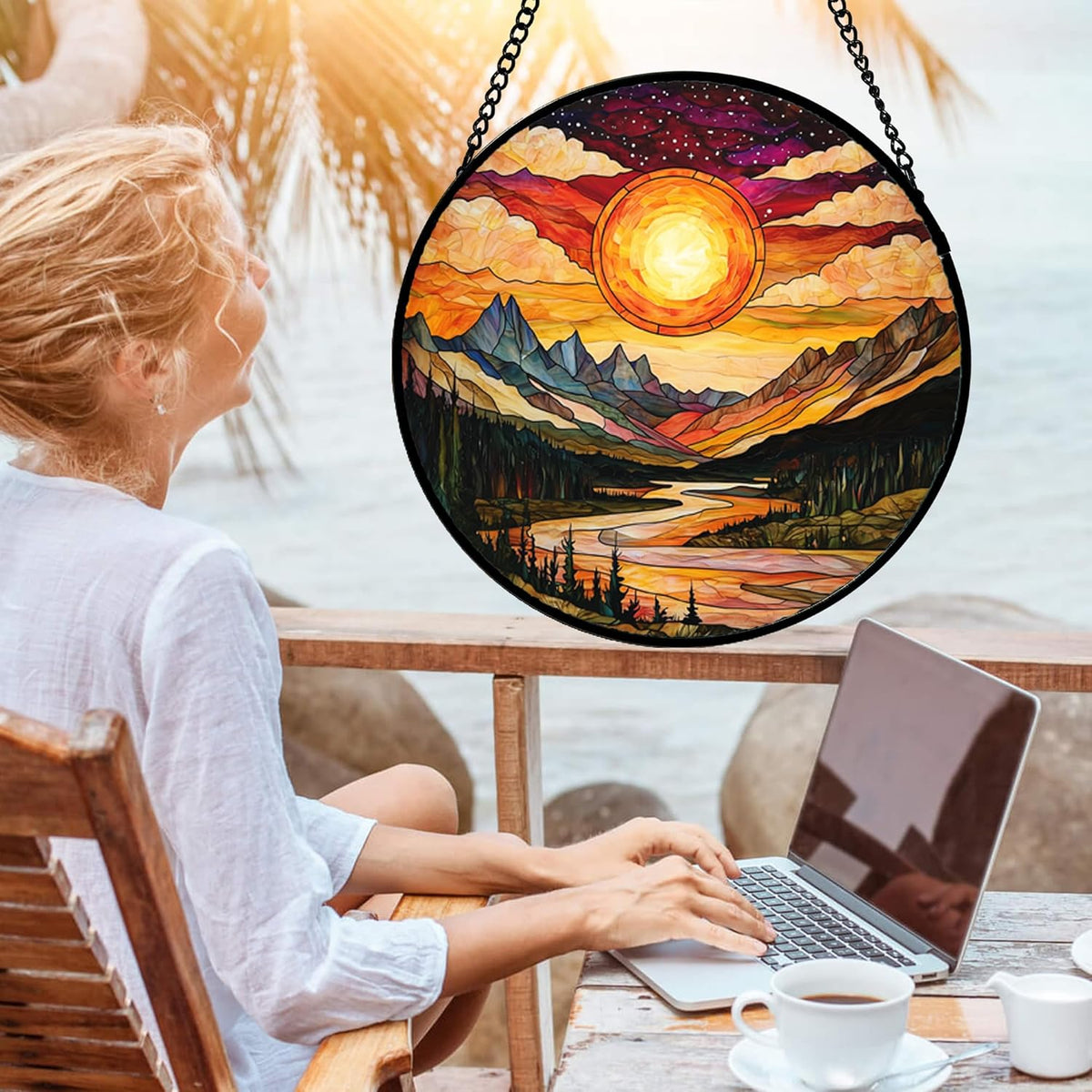 Stained Glass Window Hanging, Dusk Sunset Landscape Sun Catchers Glass Panel Lakes and Mountains