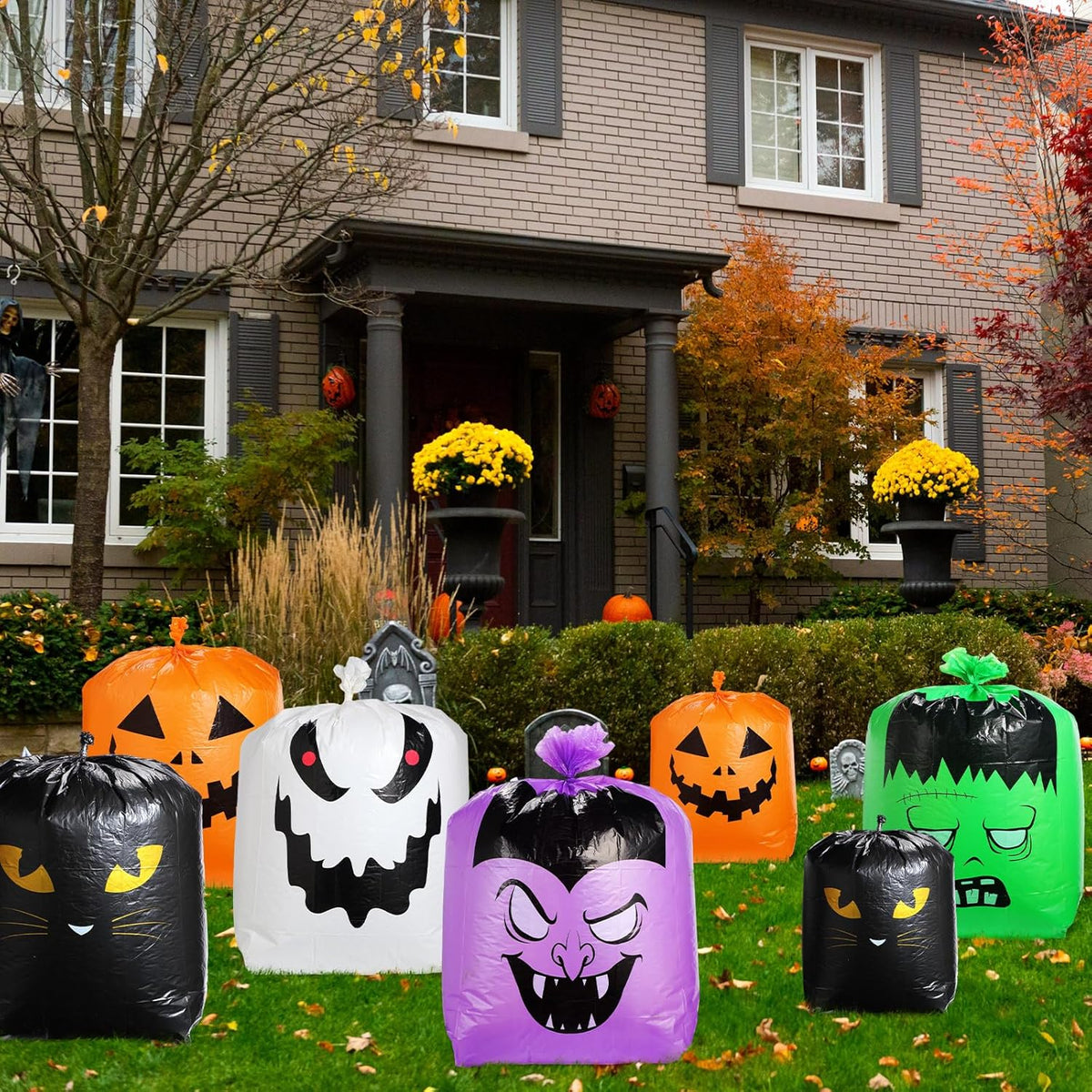 Qilery 24 Pcs Halloween Leaf Lawn Bags Plastic Pumpkin Trash Bags for Leaves with Twist Ties for