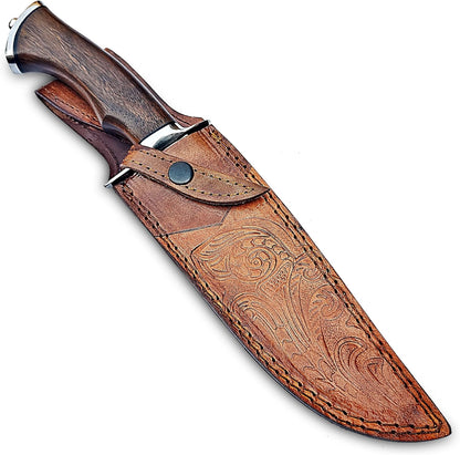 Handmade Damascus Bowie Knife 14″ Hunting Knife With Sheath - Fixed Blade Bushcraft Knife With Wood