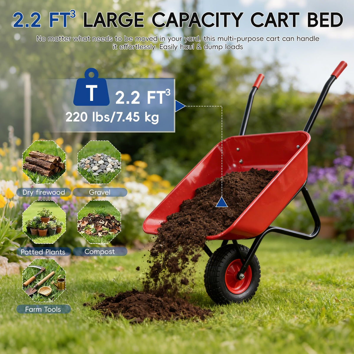 Heavy Duty Steel Tray Garden Wheelbarrow with 12" Pneumatic Single Wheel