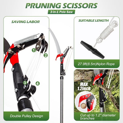 Walensee Pole Saws for Tree Trimming,7.2-27FT Extendable Tree Pruner,Manual Branch Timmer with