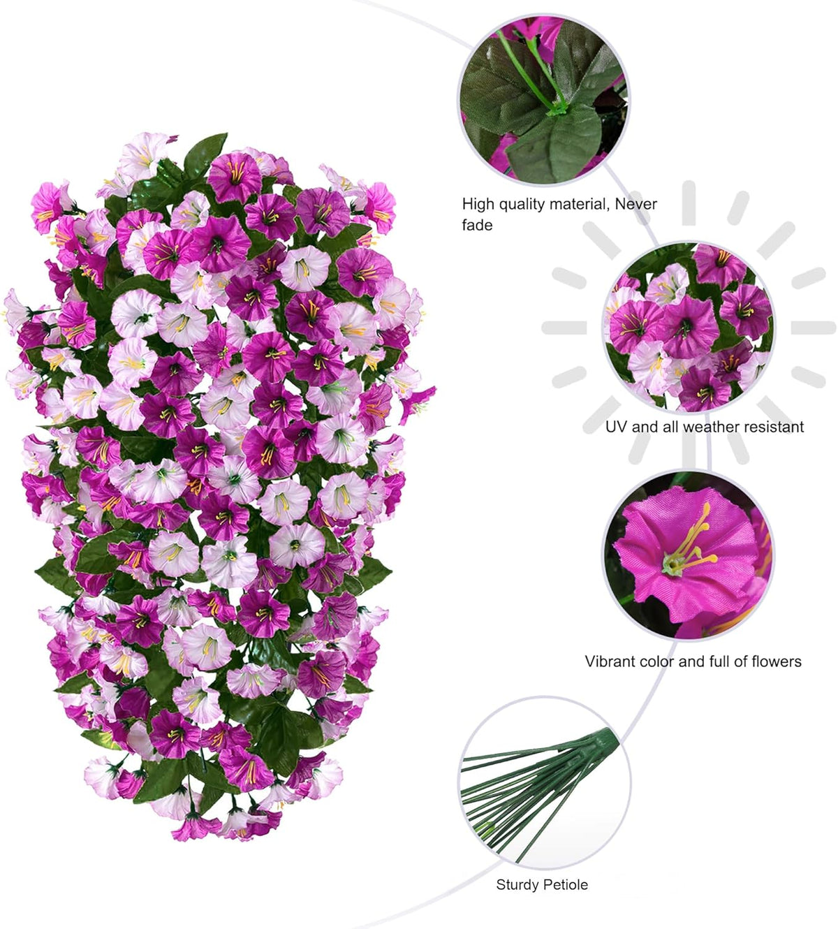 HyeFlora Artificial Fake Hanging Flowers Plants for Outdoor Outside, 2PCS Faux Silk Morning Glory