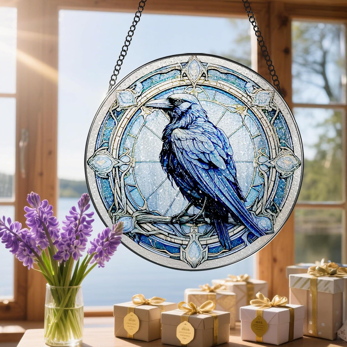 8 Inch Stained Glass Suncatcher Ornament, DOUHASU Crow Sun Catchers Indoor Window, Stained Glass