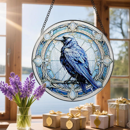 8 Inch Stained Glass Suncatcher Ornament, DOUHASU Crow Sun Catchers Indoor Window, Stained Glass