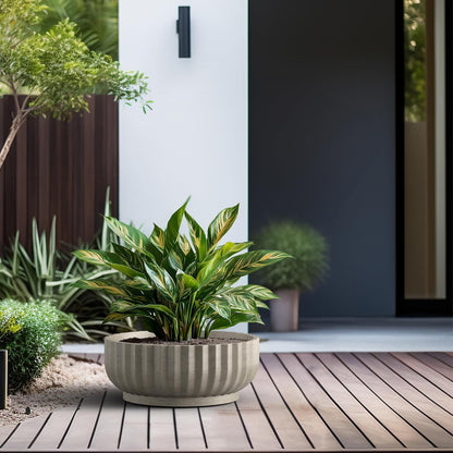 Kante Round Fulted Bowl Planter, 20.9 Inch Dia Large Concrete Flower Pots with Drainage Hole and