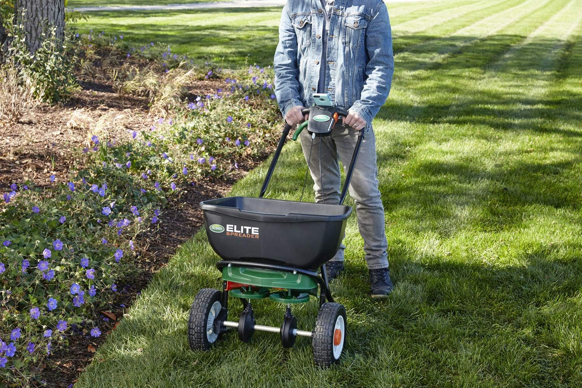 Scotts Elite Spreader for Grass Seed, Weed and Feed, Fertilizer, Salt and Ice Melt, Durable Push
