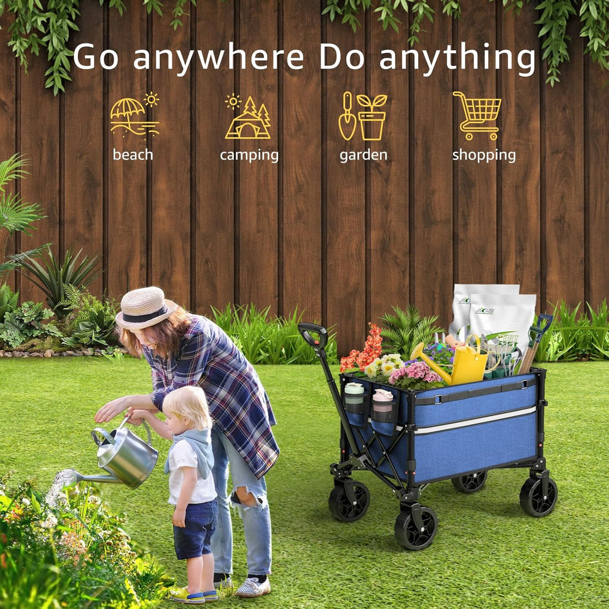 Collapsible Wagon Cart with Wheels Foldable - Folding Utility Heavy Duty Wagons Carts for Grocery