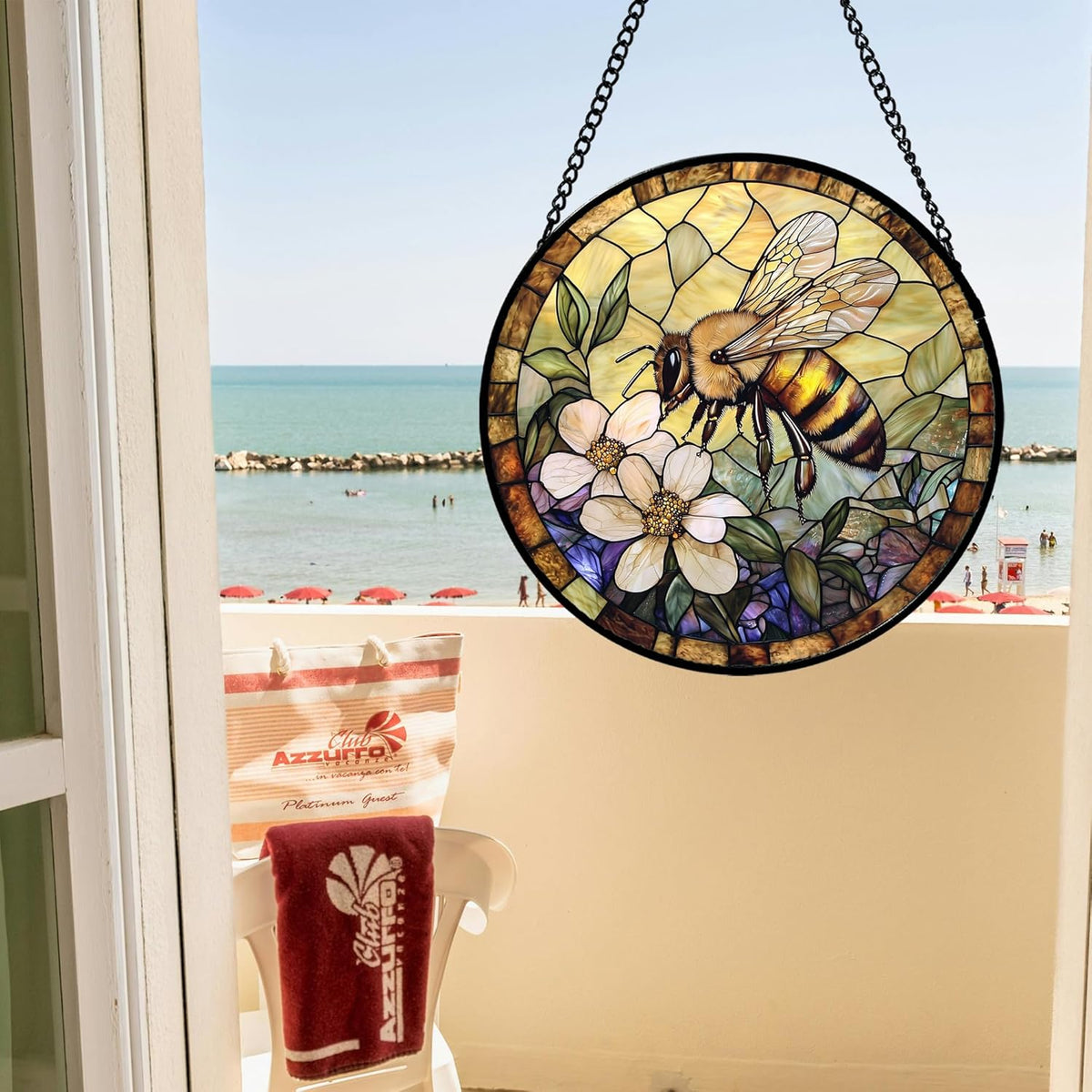 Stained Glass Window Hanging, Vintage Bee Yellow Flower Sun Catcher for Window Door Home Decor