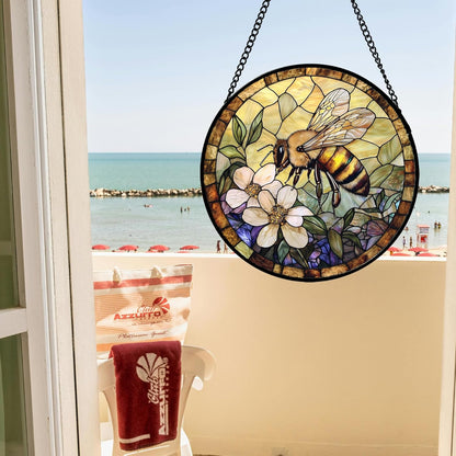 Stained Glass Window Hanging, Vintage Bee Yellow Flower Sun Catcher for Window Door Home Decor