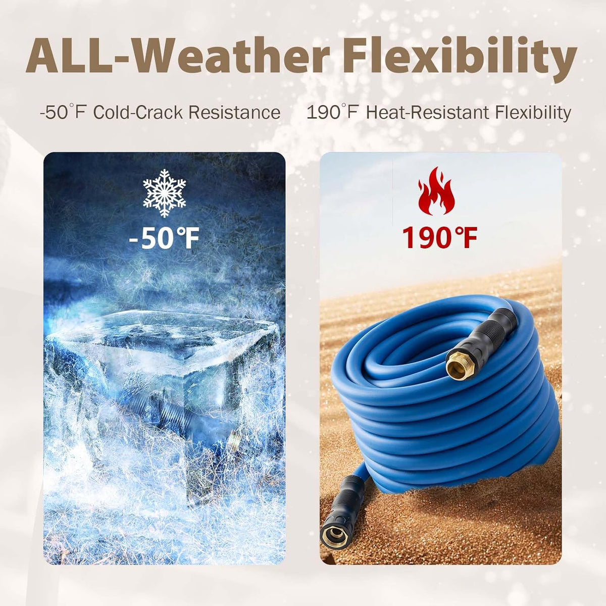5/8" Hot/Cold Water Hose 50ft, -50℉ To 190℉ Heavy Duty,Flexible,Burst 600 Psi 3/4" Brass Fittings