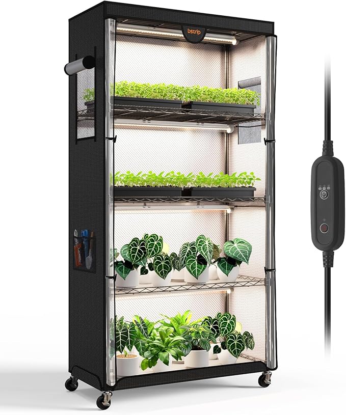 Bstrip Indoor Greenhouse with Grow Light, Plant Stand with 4 Pack 24W Full Spectrum Plant Lights