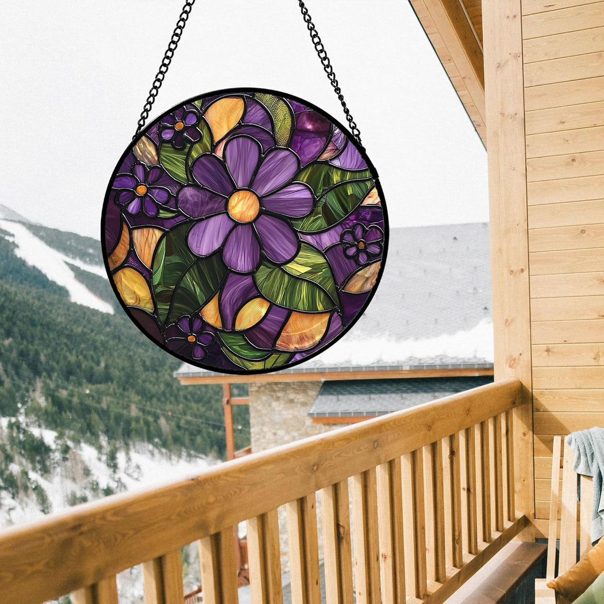 Stained Glass Window Hanging, Purple Green Flowers Sun Catcher for Door Home Decor Plants
