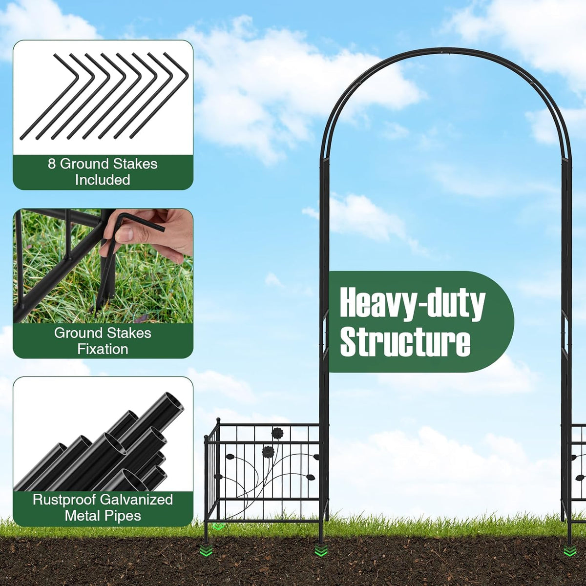Happygrill Garden Arbor, 86" Metal Archway Pergola w/2 Side Planters, 8 Ground Stakes, Sturdy Metal