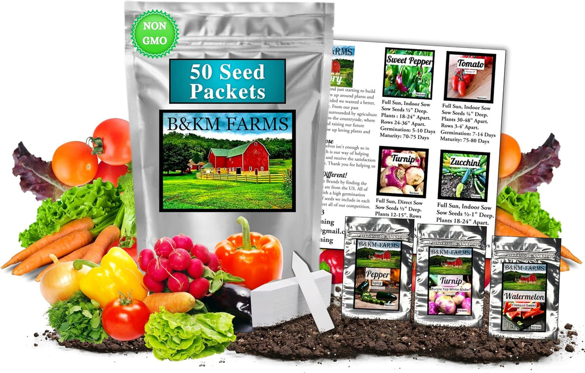 B&KM Farms 30,000+ Survival Seed Kit 5+ Year Supply. 50 Fruit & Vegetable Non-GMO Heirloom Seeds