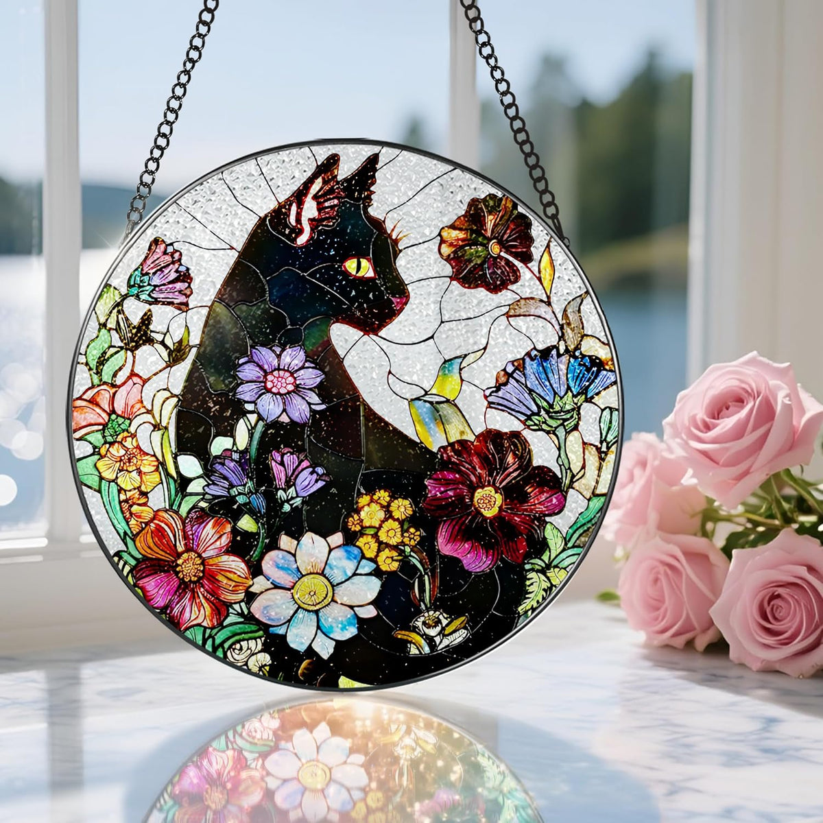 Stained Glass Window Hanging, 8 Inch Black Cat Sun Catcher, Stained Glass Suncatcher, Suncatchers