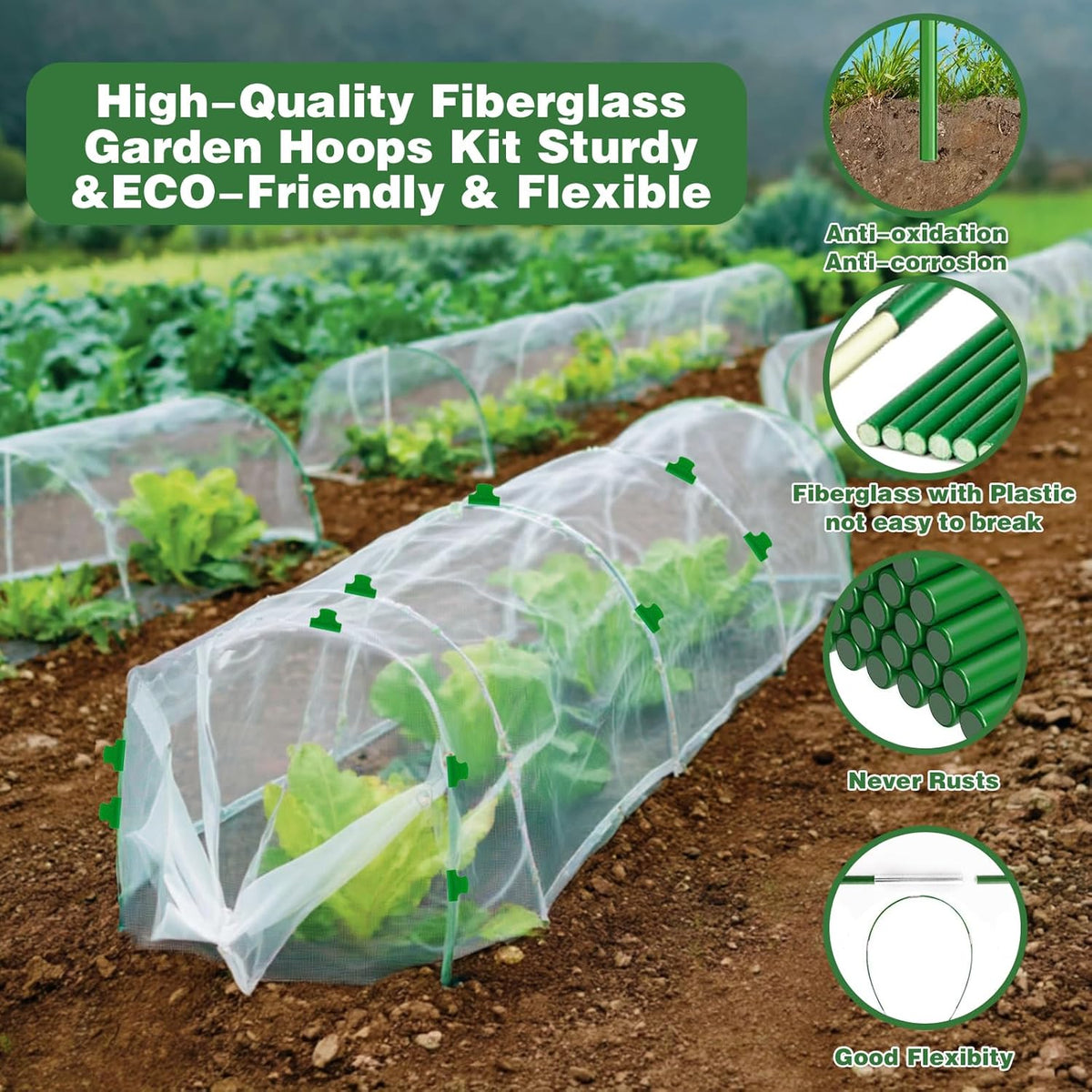 Garden Mesh Netting Kit, 10x33FT Ultra Fine Mesh Netting with 6 Sets Fiberglass Garden Hoops & 24