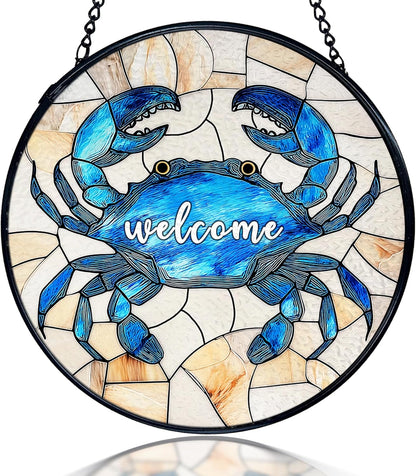 kdqua Coastal Beach Crab Welcome Suncatcher Stained Glass Window Hanging, Ocean Marine Crab Sun