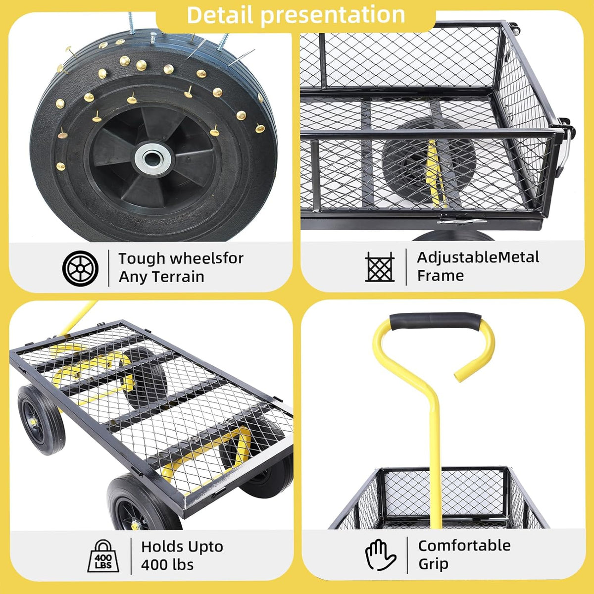Heavy Duty 480 Lbs Capacity Mesh Steel Garden Cart Folding Utility Wagon with Removable Sides