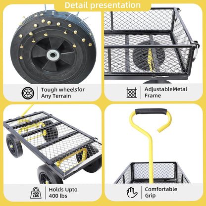 Heavy Duty 480 Lbs Capacity Mesh Steel Garden Cart Folding Utility Wagon with Removable Sides