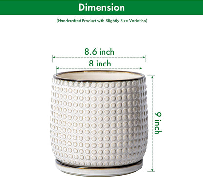 D'vine Dev 8 Inch Ceramic Beaded Stoneware Planter Pot - Flower Pot with Drainage Holes and Saucers