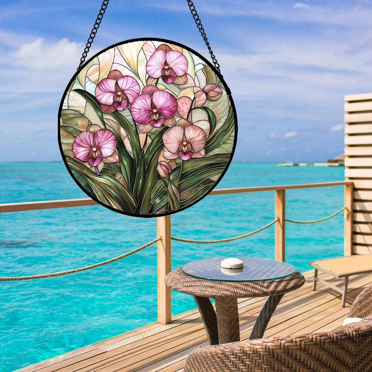 Stained Glass Window Hanging - Pink Phalaenopsis Orchid Green Leaves Sun Catcher for Door Home