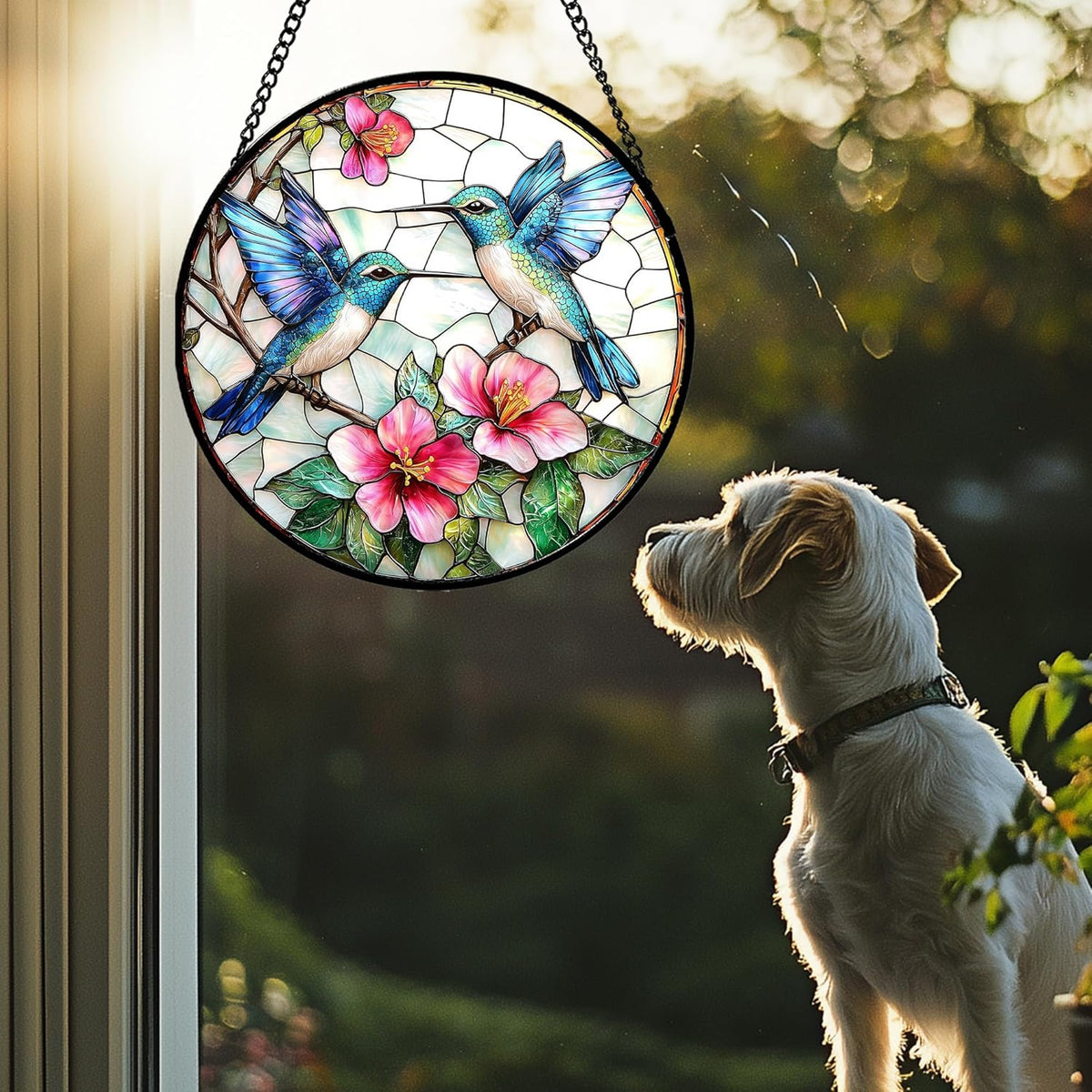 Stained Glass Window Hanging - Blue White Hummingbirds Pink Flowers Suncatcher for Door Terrace