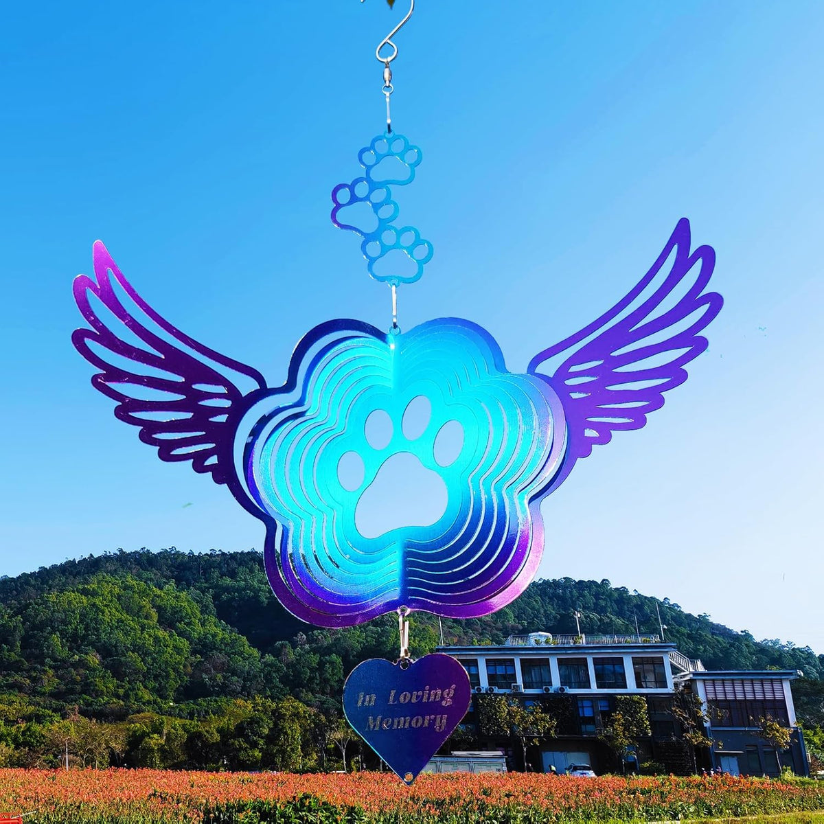 DJUAN Pet Memorial Wind Spinners, Cat Memorial Gifts,Stainless Steel Angel Wings Pet Paw Print,Dogs
