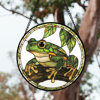 Stained Glass Window Hanging, Frog Green Leaf Sun Catchers Colorful Glass Panel Cool Suncatcher