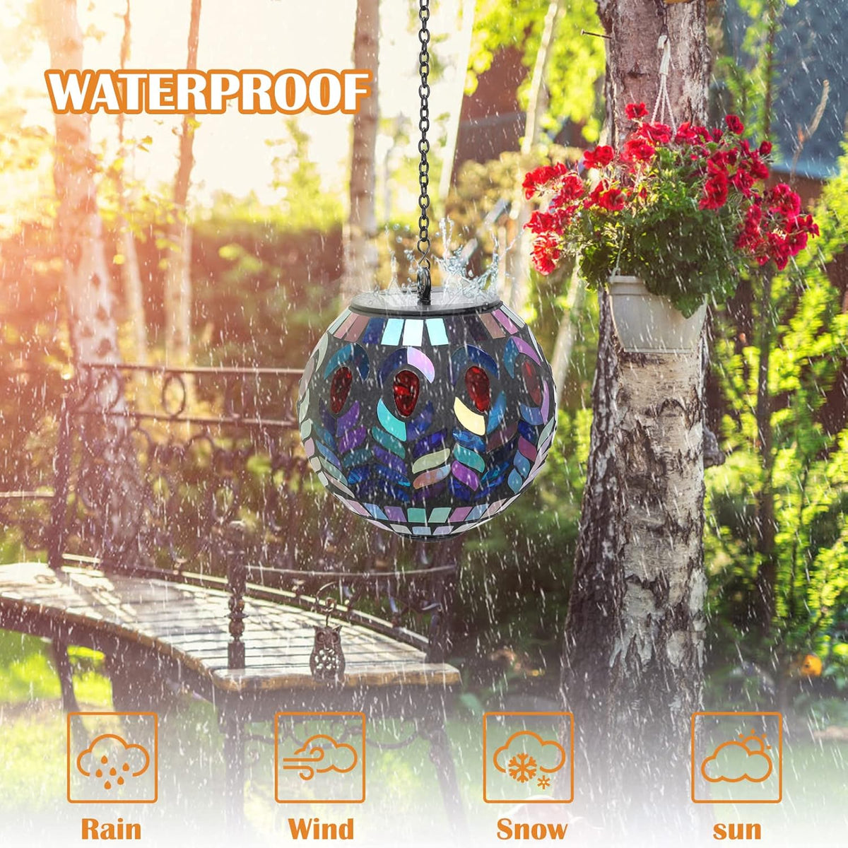 Hanging Solar Lantern Outdoor Waterproof - Solar Gazing Ball Mosaic Outdoor Hanging Lights Hanging