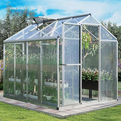 Aoodor 6 x 8 Ft Walk-in Greenhouse with Gutter, Polycarbonate and Heavy-Duty Aluminum Frame