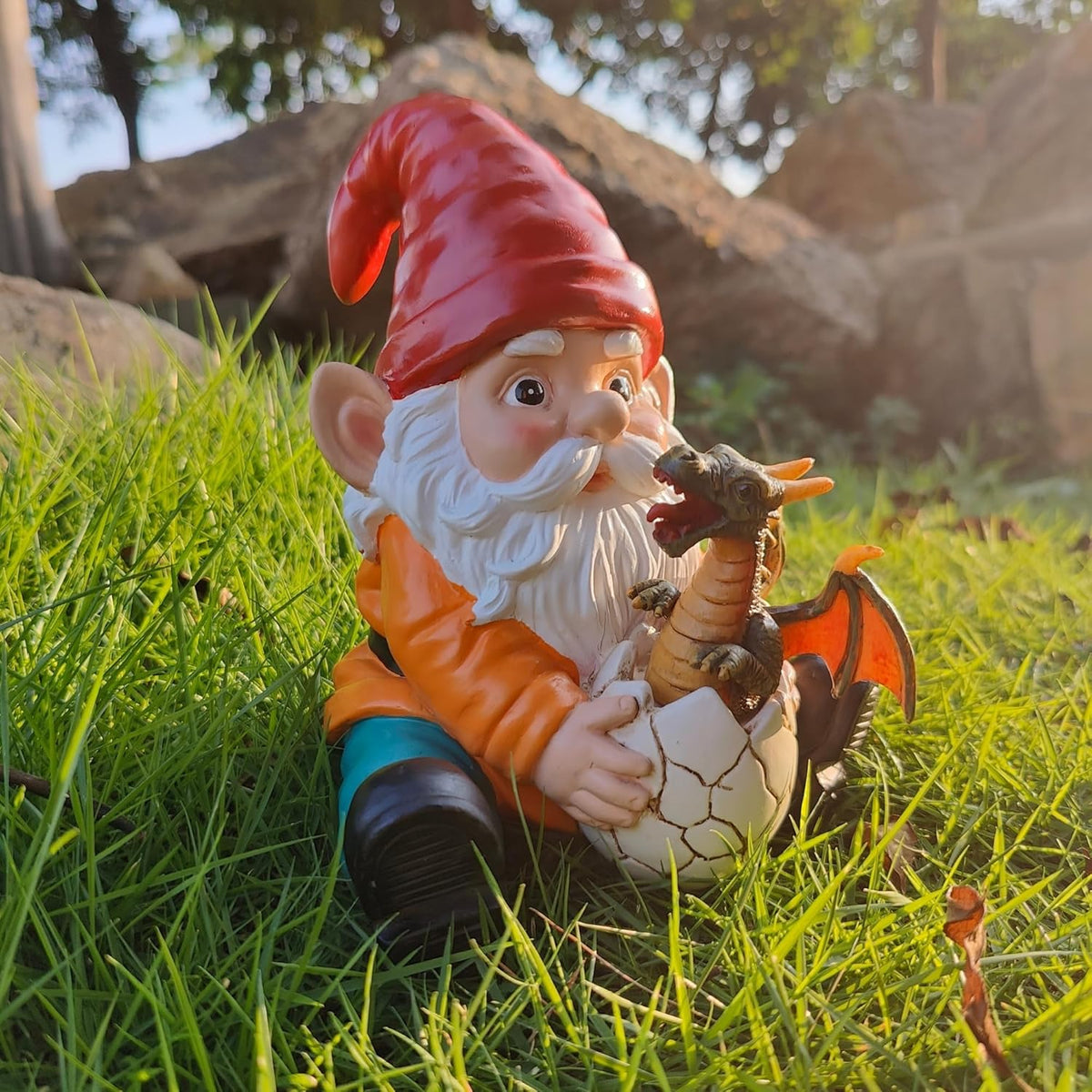 Fantasy Dragon Gnome Garden Statue - 6.8" Weatherproof Resin Garden Gnome with Baby Dragon, Unique