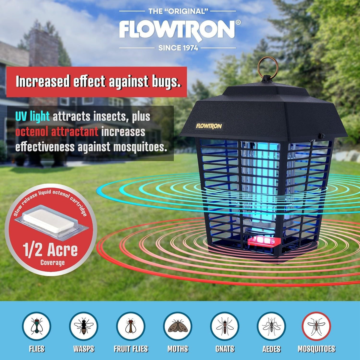 Flowtron Electric Bug Zapper 1/2 Acre Outdoor Insect Control with Dual Lure Method, 15W UV Light &