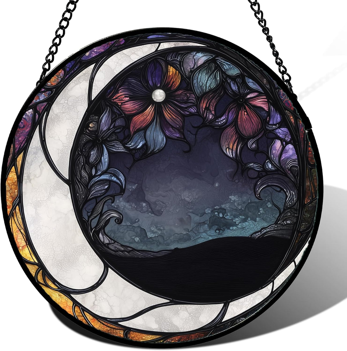 Stained Glass Window Hanging - Black and White Moon Sun Catcher for Door Terrace Garden Home Decor