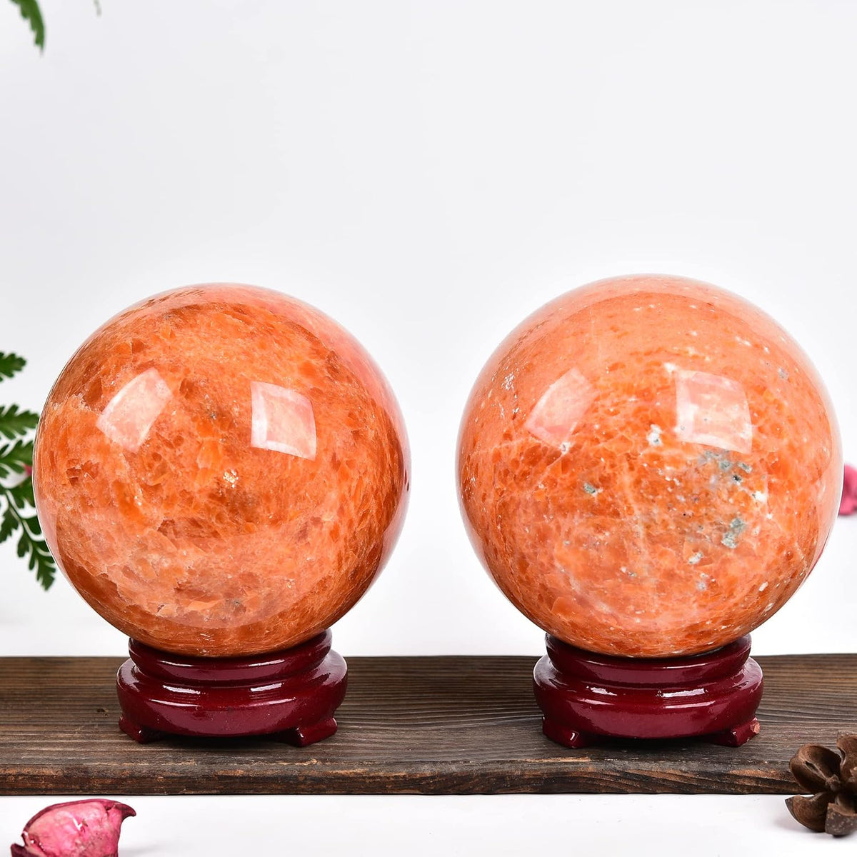 JIC Gem Natural Sunstone Sphere Ball with Wooden Stand for Fengshui Rare Healing Crystal Decoation