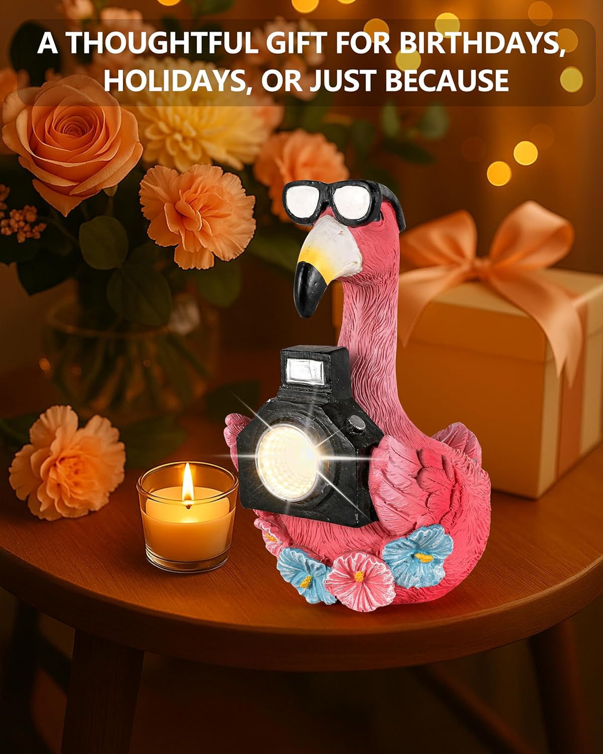 Solar Flamingo Garden Statue with Camera Light – 5.5in Tall Solar Powered Outdoor Figurine for