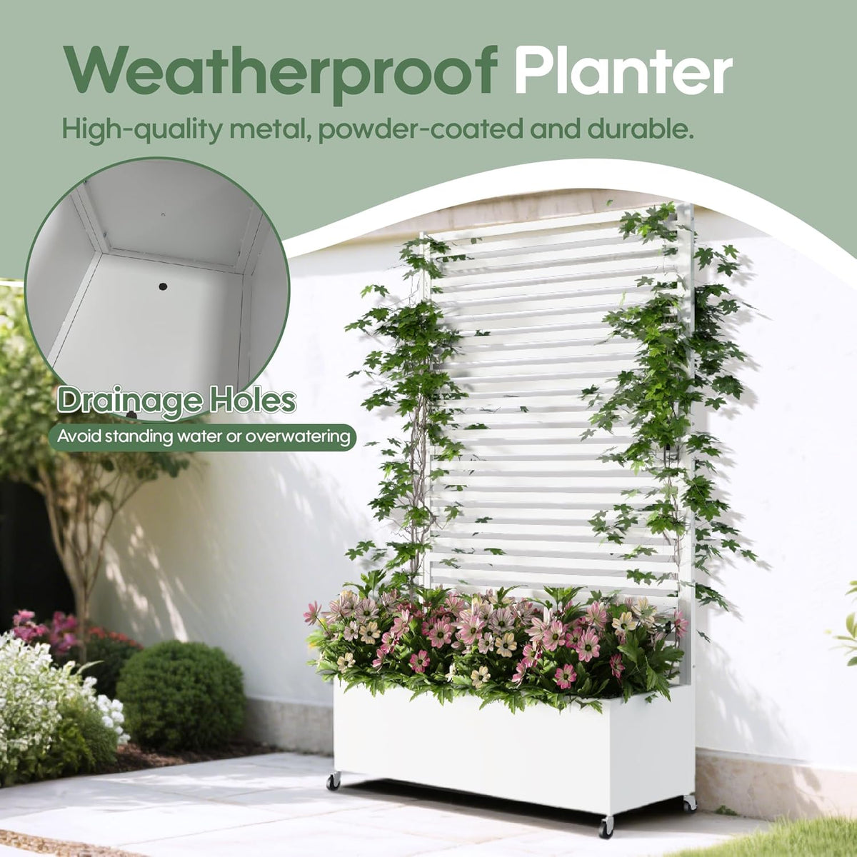 Metal Planter Box with Trellis Privacy Screen, Raised Garden Bed with Trellis & Wheels, Privacy