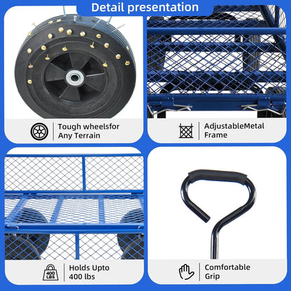 Heavy Duty 480 Lbs Capacity Mesh Steel Garden Cart Folding Utility Wagon with Removable Sides (Blue)