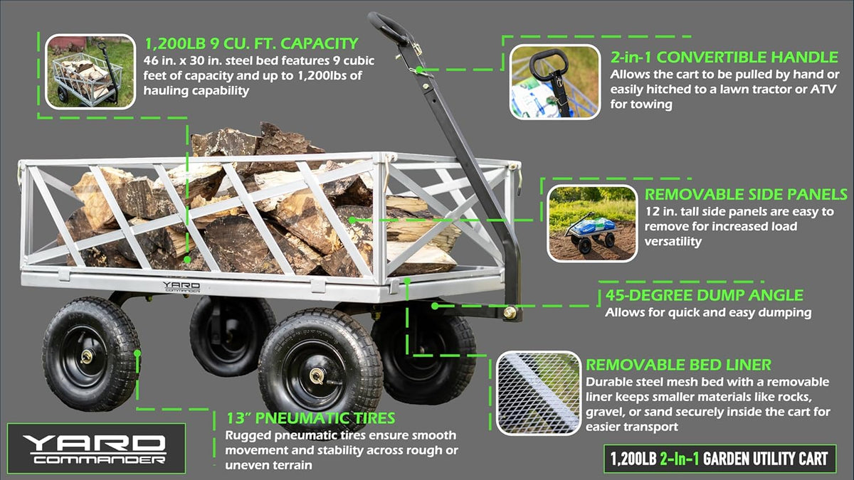 Yard Commander - Heavy Duty 1200lb Steel All Terrain Utility Cart, Garden Wagon, 9 cu ft Bed, Easy
