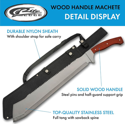 SZCO Supplies 25” Brown Wood Handle Heavy Duty Saw Back Forest Cleaver Machete With Sheath