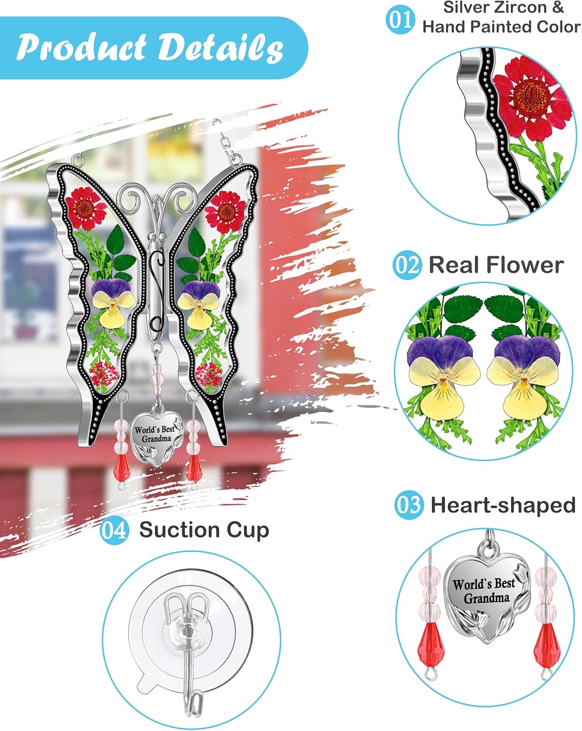 KY&BOSAM New Butterfly Suncatcher Stain Glass World`s Best Grandma Butterfly Suncatcher Hanging for