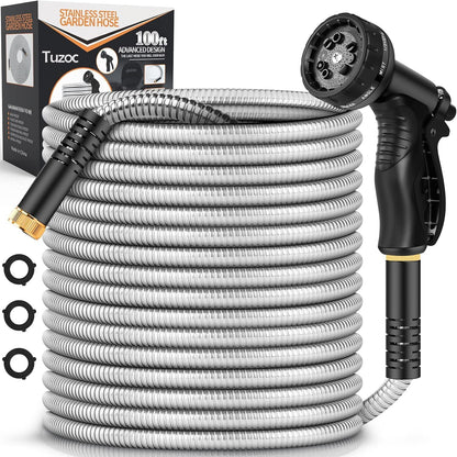 Garden Hose Metal 100FT, Stainless Steel Heavy Duty Water Hose With 10 Function Nozzle, No-Kink