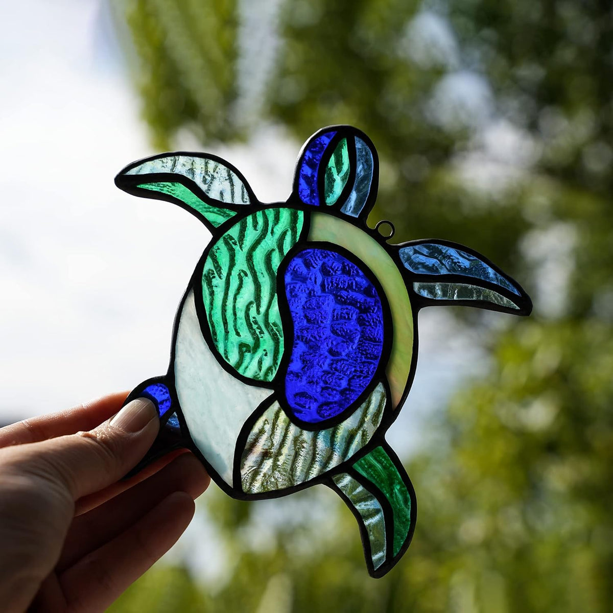 Sea Turtle Decor Stained Glass Window Hanging,Navy Turtle Suncatcher for Garden,Bathroom,Backyard