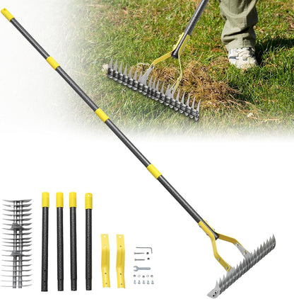 Thatch Rake, 70 inch Heavy Duty Dethatcher Rake Adjustable Dethatching for Loosening Soil Gathering