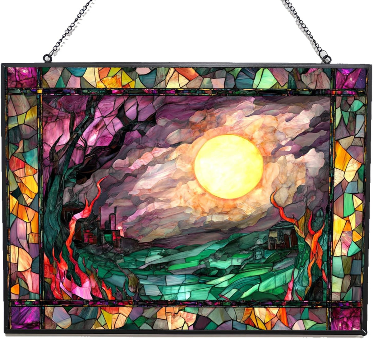 Personalized Rectangle Haunted Night Stained Glass Window Hangings, Handcrafted Stained Glass