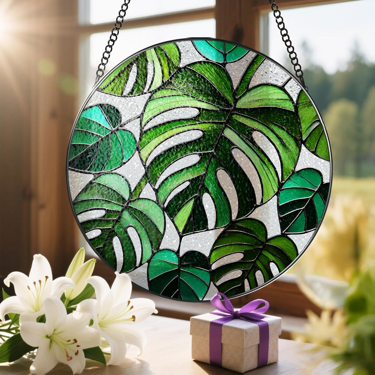 Stained Glass Window Hanging, 8 Inch Monstera Plant Stained Glass Suncatcher, Plant Sun Catcher