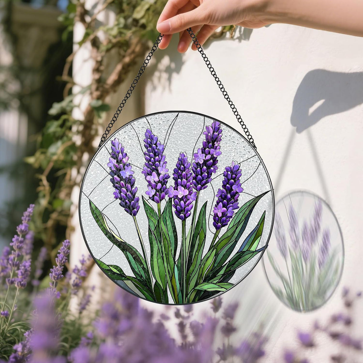 Stained Glass Window Hanging, 8 Inch Lavender Stained Glass Suncatcher, Flower Sun Catcher, Window